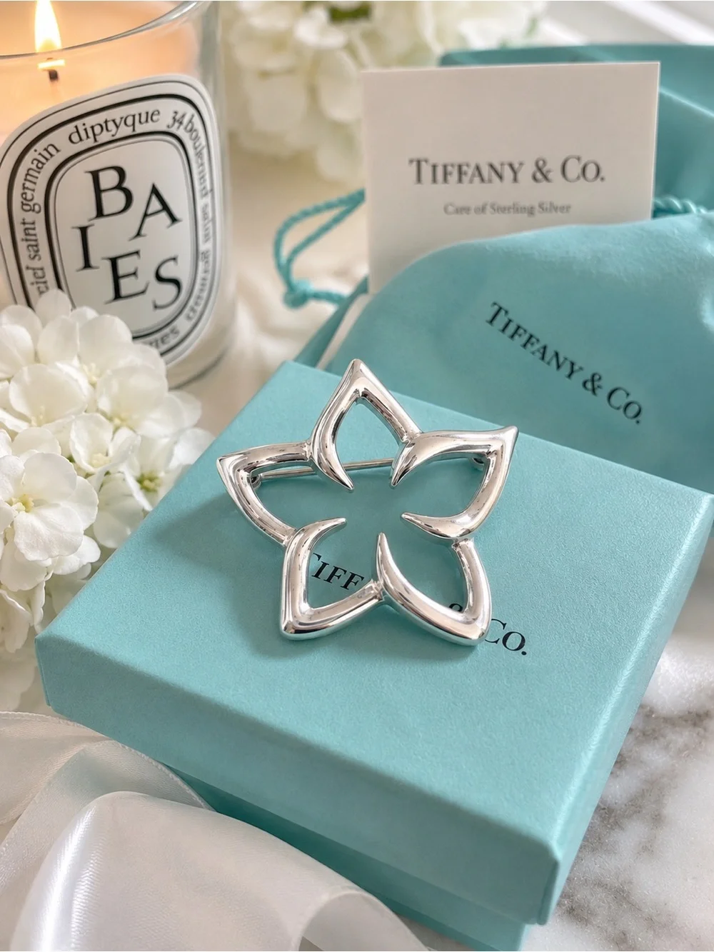Vintage Tiffany & Co. Star Plumeria Open Flower Brooch Pin Sterling Silver 1.75”